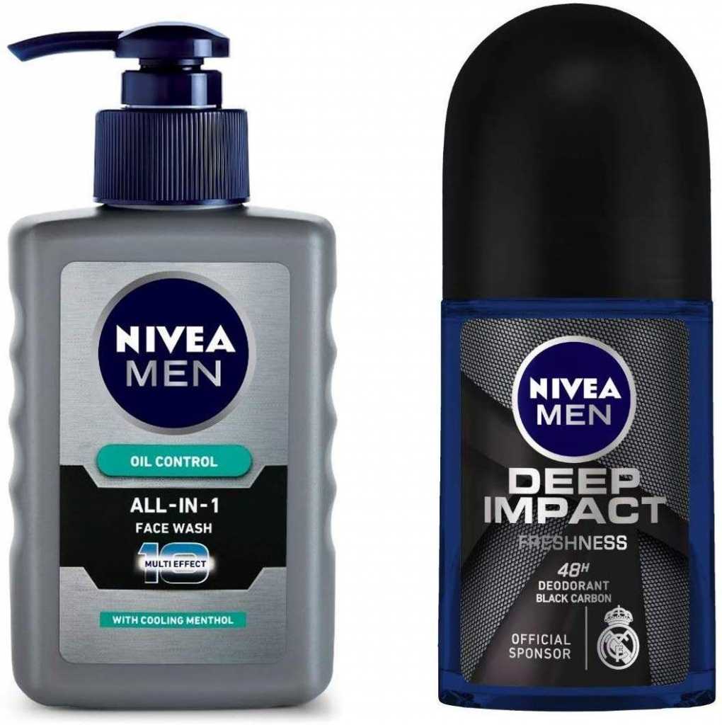 NIVEA MEN Face Wash, All-in-One Oil Control, 150ml & MEN Deodorant Roll-on, Deep Impact Freshness, 50ml Combo
