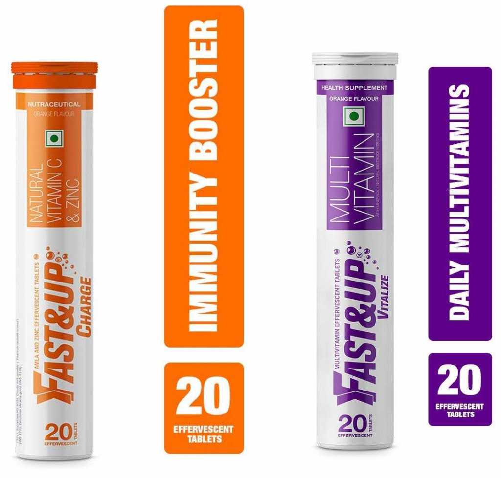 Fast&Up Charge Effervescent Vitamin C and Zinc Supplements - 20 Tablets (Orange) + Fast&Up Vitalize Effervescent Multivitamin Tablets - 100 g