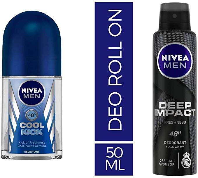 Nivea Deodrant Roll On, Cool Kick, 50ml & MEN Deodorant, Deep Impact Freshness, 150ml Combo 