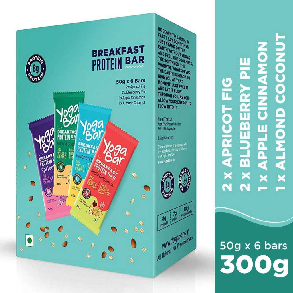 Yogabar Breakfast Protein Variety (Almond Coconut, Apricot & Fig, Blueberry, Apple Cinnamon Bars - 300gm, 6 x 50 g (Box of 6 Bars)