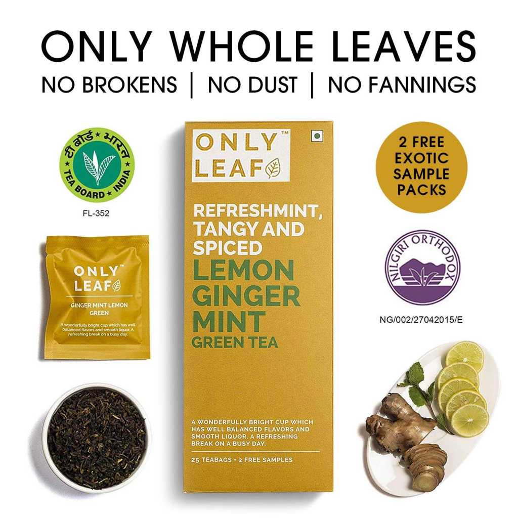 81L4J8D7ivL._SL1500_ Onlyleaf Ginger Mint Lemon Green Tea, 27 Tea Bags (25 Tea Bags + 2 Free Exotic Samples)