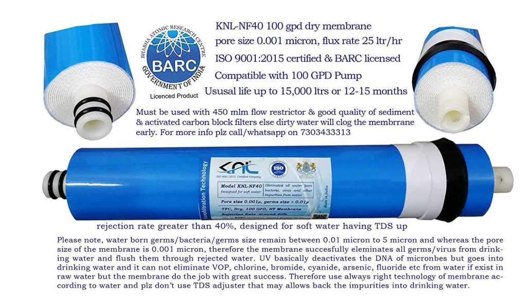 KNL 100 GPD BARC Licensed Nanofiltration TFC Dry Membrane, Pore Size 0.001 Micron, Flux Rate 25 L/hr, for Corporation/Soft Water, Suitable for All Domestic NF/RO Water Purifiers 
