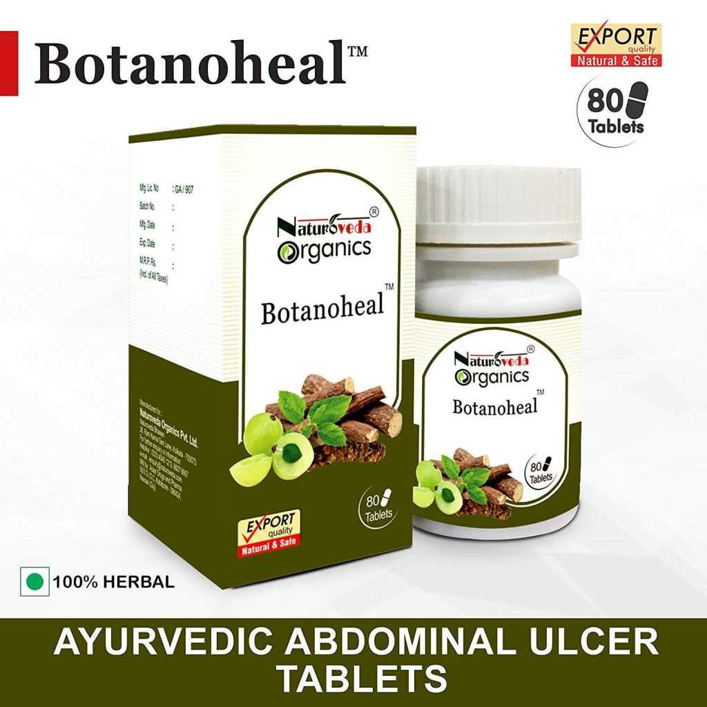 Naturoveda Organics Botanoheal | Ayurvedic Formulation to Combat Stomach Ulcers, Acidity Relief | Protects Against Duodenal Ulcer and Gastric Ulcer | Natural, Vegetarian, Herbal (80 Tablets) 