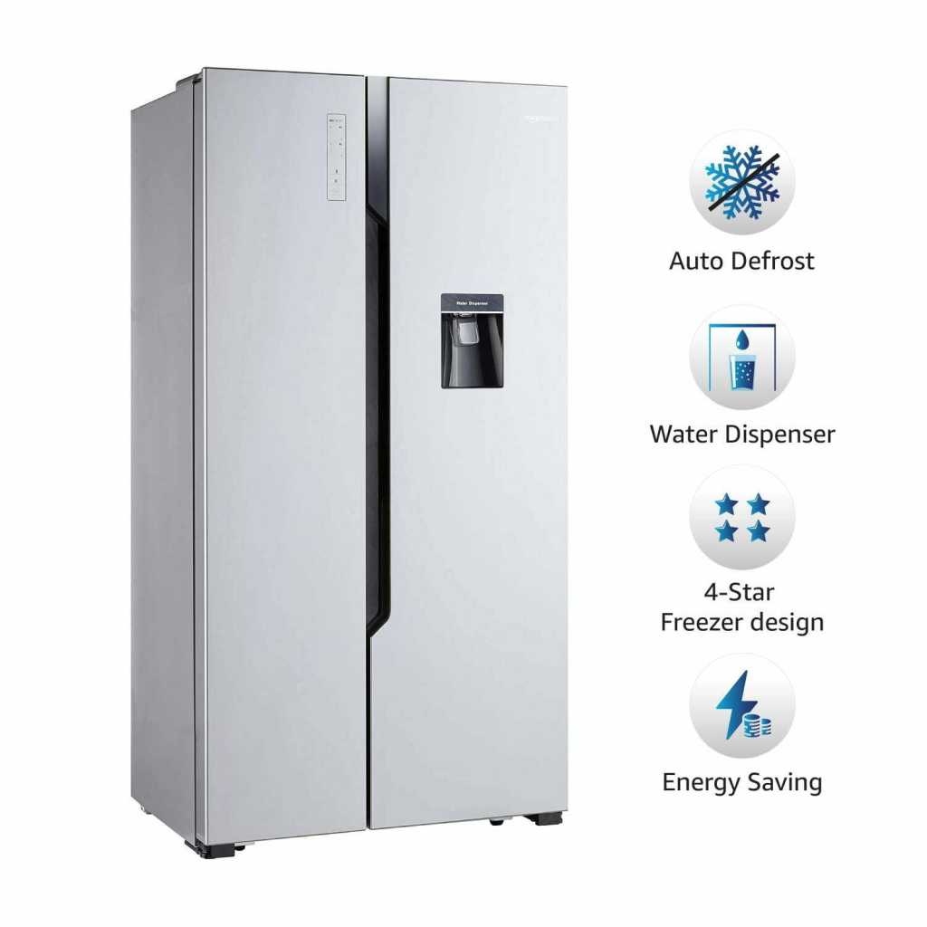 AmazonBasics 564 L Frost Free Side-by-Side Refrigerator with Water Dispenser (Silver Steel Finish)