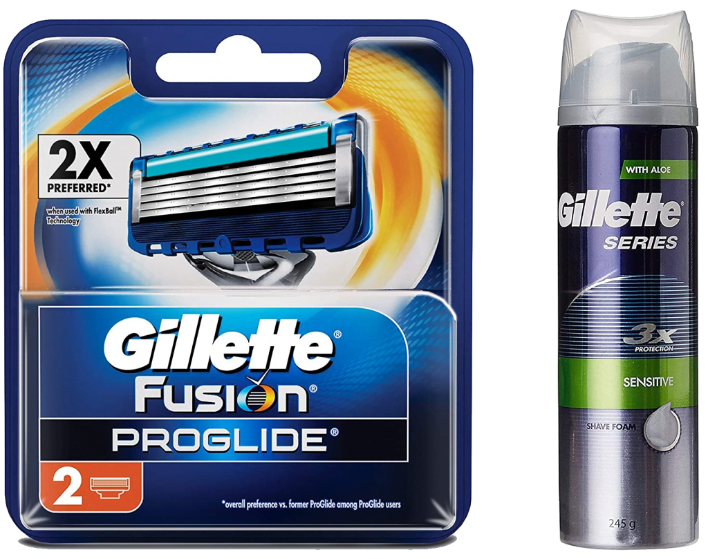  Gillette Fusion Proglide Flex Ball Manual Shaving Razor Blades - 2 Cartridges & Series 3x Protection Sensitive Shave Foam with Aloe